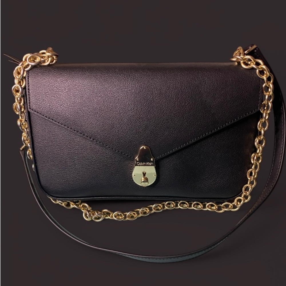 Calvin Klein Lock Leather Shoulder Bag, Black/Gold